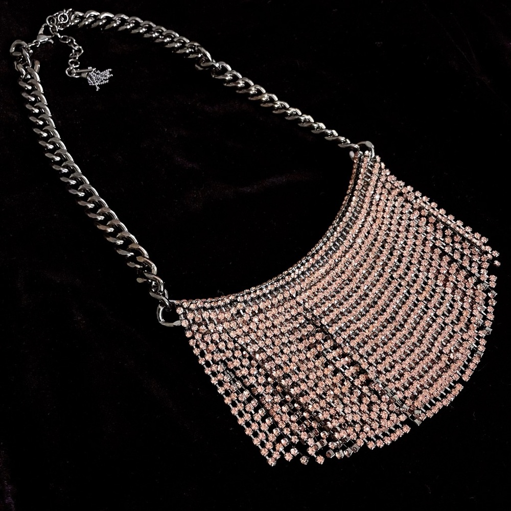 Gunmetal Chain & Peach Rhinestone Fringe Necklacee